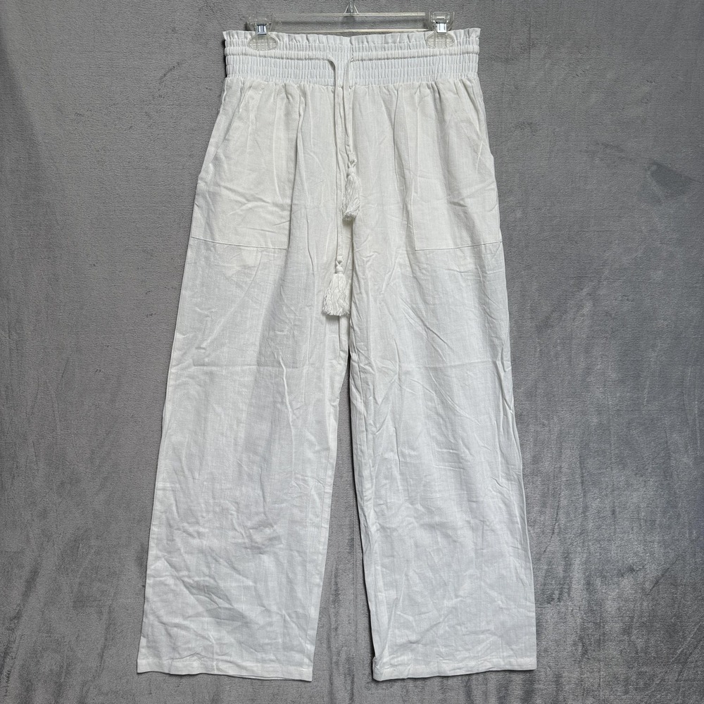 Pants Womens Large White Cotton Linen Paperbag Wide Leg Tassel Drawstring